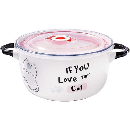Keramisk suppeskål med låg og håndtag, sød tegneserie katteskål til suppe instant nudler (grå)