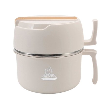 Nudelskål i rustfritt stål, matboks, dobbeltlags ramenskål med lokk, håndtak, gaffel og skje for kontorarbeidere, studenter, beige