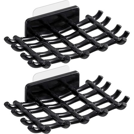 Vægmonteret sæbeskål til brusebad, selvdrænende sæbeskål med kroge, vandtæt klæbende vægmonteret skål til badekar og køkkenvask (2-pak, sort)