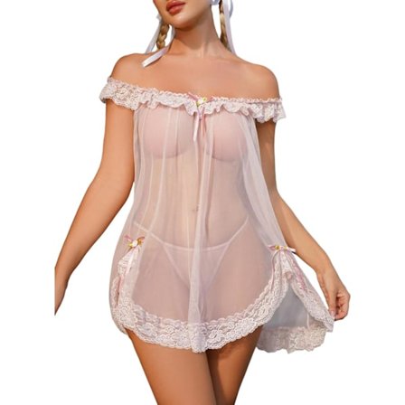 Uusin malli 2025 Naisten 2-osainen verkkokangas, läpikuultava kukkainen pitsi Babydoll-alusmekko, yöpaita ja stringit alusvaatesetti Pinkki X-Large