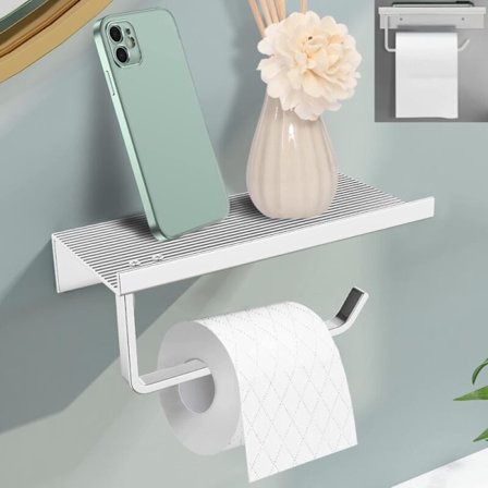 WC-paperiteline, seinään kiinnitettävä WC-paperiteline ilman porausta, alumiininen WC-paperiteline tilavilla hyllyillä, itseliimautuva liima ja 
