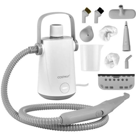 Handhållen ångtvätt 1000W COSTWAY för vägglöss - 300ml tank, 10 tillbehör, temperatur på 95°C, 3 bar grå+vit