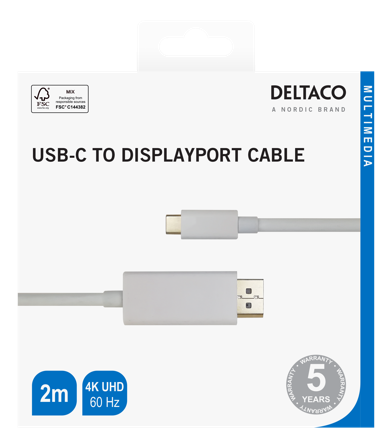 Deltaco USB-C - DisplayPort cable, 4K UHD, gold plated, 2m, white