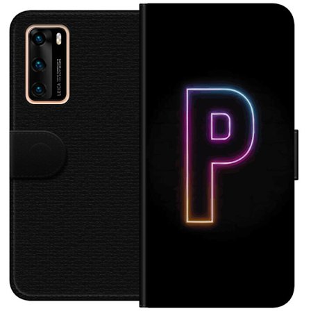 Kompatibel Tegnebogsetui til Huawei Huawei P40 Minimalistisk neonbogstav P i farvegradient og lyseffekt mod sort baggrund i digital neonstil