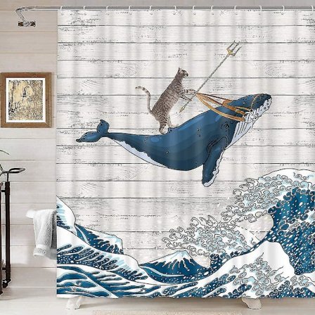 Cool Cat Riding Whale In Ocean Wave Duschdraperi 180x180cm