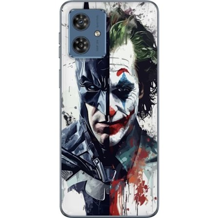 Kompatibelt Mobildeksel til Motorola Motorola Moto G54 Delt portrett av Batman og Joker i dramatisk illustrasjon, ikonisk superhelt motiv med mørk ku