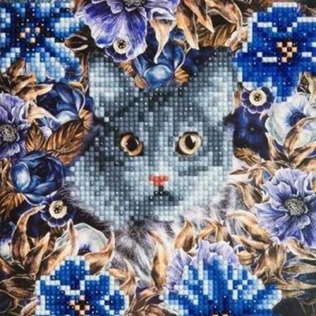 Diamond Painting Card Kit 18x18cm Cat & Flowers Multifärg