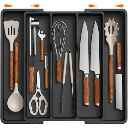 Bestikkboks, Stor Utrekkbar Kjøkkenorganisator, Justerbar Bestikkholder, Plast