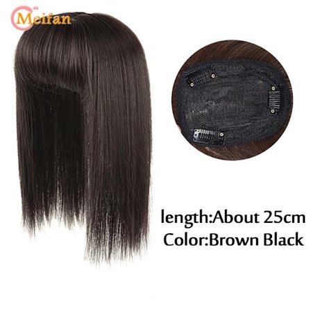 MEIFAN Långt rakt hår Toppers Clip Hair Extensions Syntetiskt hår Topper Natural Black Brown 3-Clip with Bang Fake Hairpiere