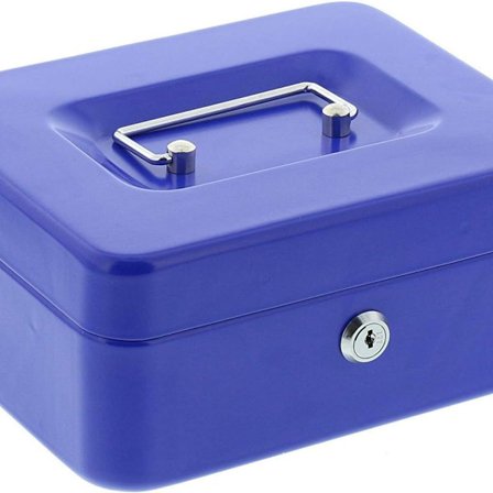 Kassaskrin Pengar, plåt, blå, inklusive 2 nycklar och myntinsats