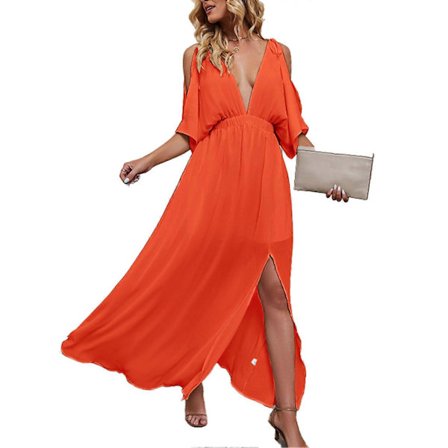 Lang kjole til kvinder, dyb V-hals, let chiffon, høj slids, elegant sommerkjole til kvinder