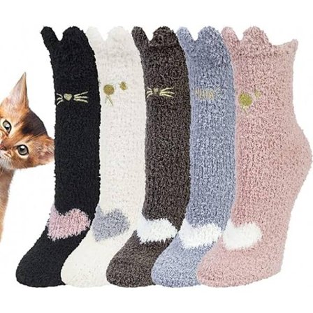 Varme vintersokker til kvinder - Sæt med 5 par - Plys sokker til kvinder - Damesokker - Hjemmesko - Sovesokker - Fluffy sokker - Katteklo