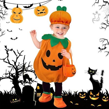 Halloween-kostyme for barn, gresskar i fløyel, gresskar-kostyme med lue, pose og sko