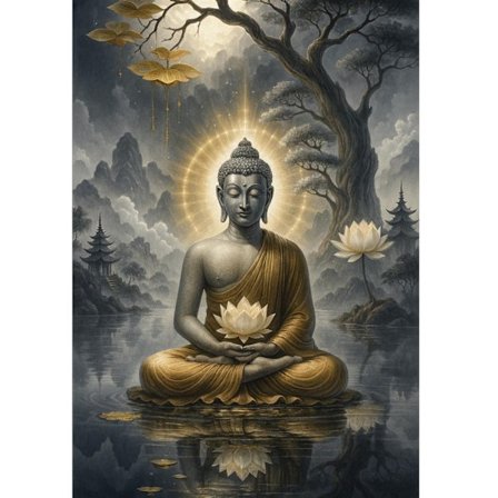 Buddha-timanttimaalaussarja, 5D täyspora meditaatio lootusmaisema DIY seinätaide, henkinen zen-sisustus pagodeilla ja pyhällä heijastuksella