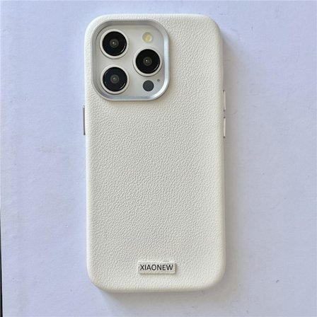 Skal för iPhone 15PROMAX Metall Fyra-Pack Läder-Vit Metall fyra pack lädertextur enfärgat material