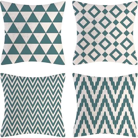 Putetrekksett med 4 grønne geometriske teal-putetrekk 45 x 45 cm bomullslin, gave