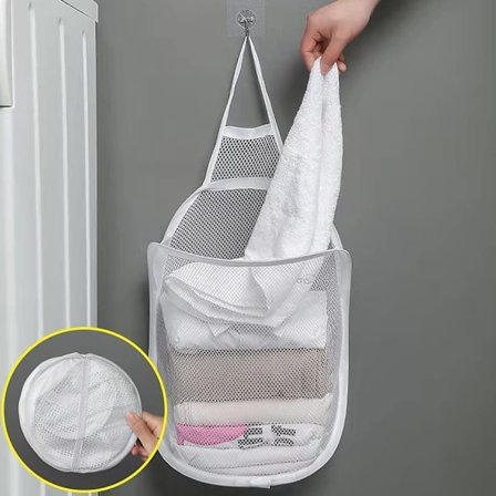 2-delt hengende vaskekurv, sammenleggbar netting vaskekurv med krok for vask og klær, hvit