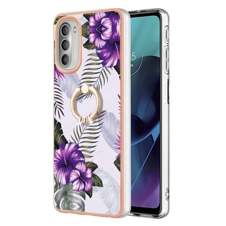 Marble Patterned Suojakuori With Ring Holder For Motorola Moto G51 5G - Purple Flowers