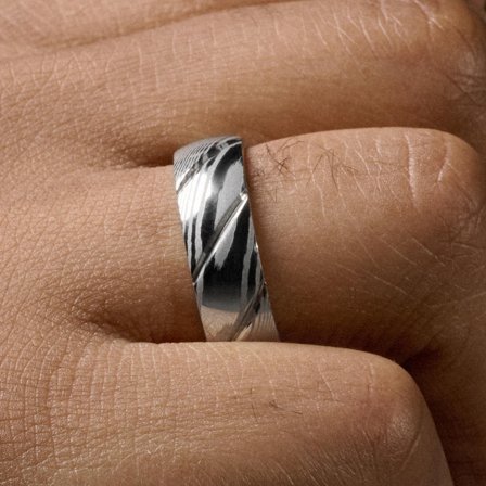 Fortis | 7 mm Silver-tone and Gunmetal Damascus Steel Ring for Men - Steel rings
