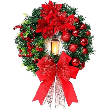 Julkrans för ytterdörren 16 tum, semesterdörrkrans, julkrans för alla årstider, förbelyst med LED-lampor (FMY)