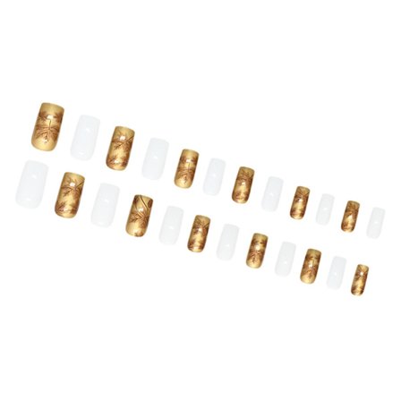 24 stycken hösttema press-on naglar guld och vita glansiga lönnlövs naglar