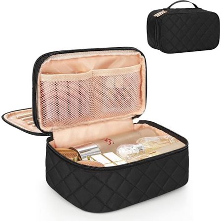 Makeup taske, lille makeup taske til kvinder, rejsetaske, vandtæt makeup organizer med 2 lag og makeup børsteholder, sort