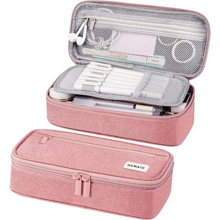 Stor blyantsæske, blyantsæske til kvinder og mænd, blyantpose, markørpenneetui, bærbar kontorartikler blyanttaske til kontor, pink