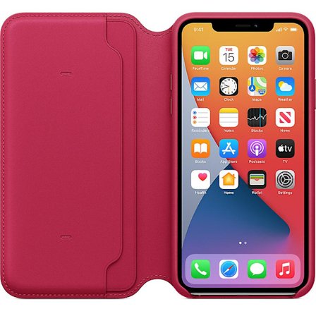 Apple nahkainen folio iPhone 11 Pro Max - riikinkukko/vadelma