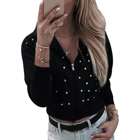 Kvinnor Hooded Jackor Pärlbroderade Dragkedjor Jackor Kvinnliga Långärmade Casual Toppar Nya