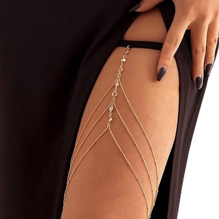 Trendy Gull Lårkjede Smykker for Kvinner - Trippel Lag Elastisk Benkjede med Krystaller - Sommer Bikini Tilbehør