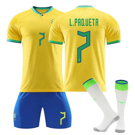 Qatar 2022 fotbolls-VM Brasilien Hemma Lucas Paqueta #7 Tröja Samba Fotboll T-shirts herr Set Barn Ungdomar