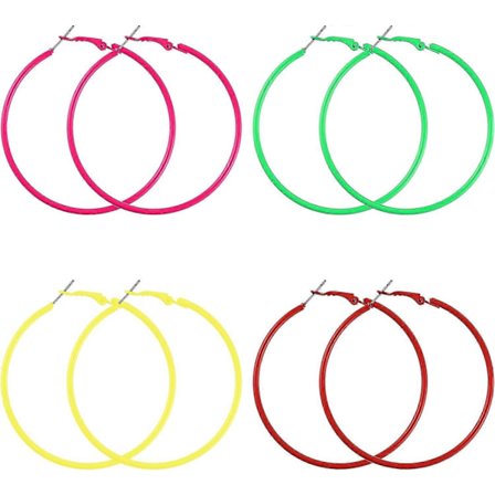 4 Par 80'er Øreringe til Kvinder Piger, 4 Farver 90'er Retro Neon Hoop Party Hængende Øreringe Tilbehør til Kvinder Farverige Store Hoop Øreringe
