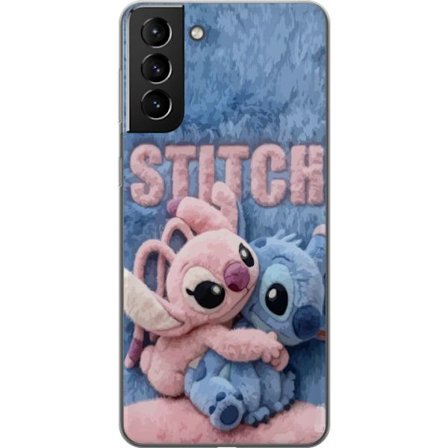 Kompatibelt Mobilskal till Samsung Samsung Galaxy S21+ 5G Söta fluffiga Stitch och Angel kramas på ett mjukt pälsigt underlag med pastellfärger so