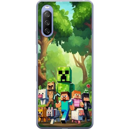 Kompatibel Mobilcover til Sony Xperia 10 III Klodset pixeleret spilverden med grønne figurer og dyr i frodig skovmiljø