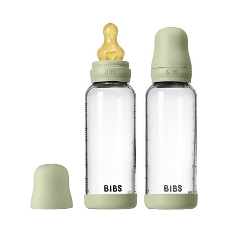 BIBS Glass Baby Bottle Round Latex 2-Pak Sage 240 ml Medium Flow, Børn & Forældre, Sutteflasker & Tilbehør, Sutteflasker