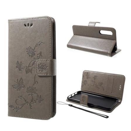 Huawei P20 Pro stemplet sommerfugl blomster PU læder flip etui - Grå Silver grey