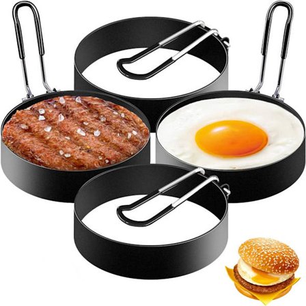 ING Egg Ring 4 deler rustfritt stål ø7,5 cm stekt egg form pannekakeform pannekakemaker matlaging baking rund for omeletter eggpannekaker og svart