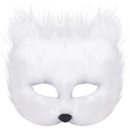 Plysj katt revemaske, Therian masker, Realistiske kattmasker, Halv ansiktsdyremasker, Pelsfest kattmaske Maskerademaske, Cosplay kostyme White