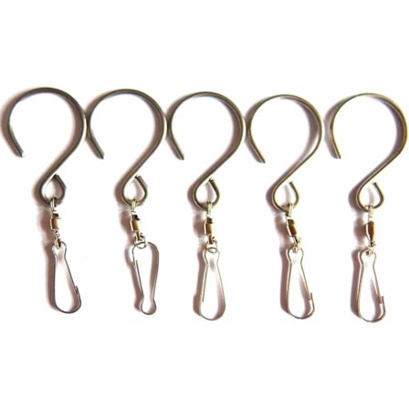 5 stk. hængende drejelige kroge i rustfrit stål med klemmer til havevindspil og solfangere