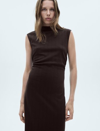 Mango Knitted Dress With Gathered Detail - Brown - XS