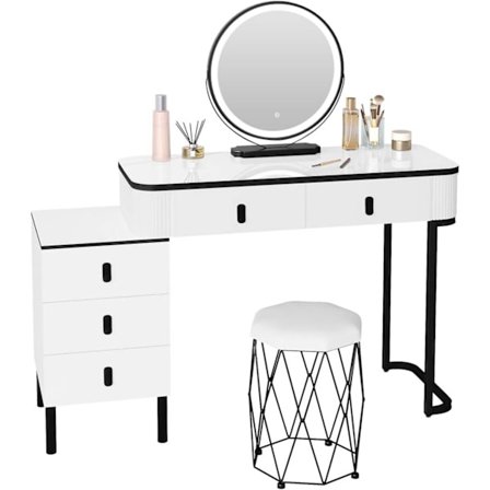 Rootz Vanity -kastikepöytäsarja - meikkipöytä - kauneuspöytä - himmennettävä LED -peili - samett jakkara - 100 cm x 126cm x 40cm - valkoinen ja musta