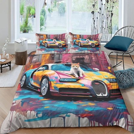 EKENOZ Bugatti 3D Sengesett Dynetrekksett med Glidelåslukking, Dynetrekksett for Tenåringer Barn Gutter Jenter Voksen, Dynetrekk Mikrofiber 3 Deler