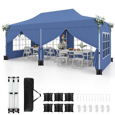 COSTWAY Havepavillon 3x6M med 6 aftagelige sidevægge - Transporttaske 6 sandsække til fest, bryllup, BBQ blå