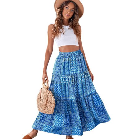 Bohemsk strandskjørt, sommerstrandskjørt, komfortabelt etnisk trykt langt skjørt, XL, blå