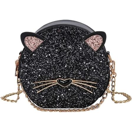 Lille Crossbody Taske Til Kvinder, Sød Kat Glitrende Rund Skuldertaske, PU Læder Mode Rund Håndtasker Til Piger (Piger Skuldertaske Til Sort)