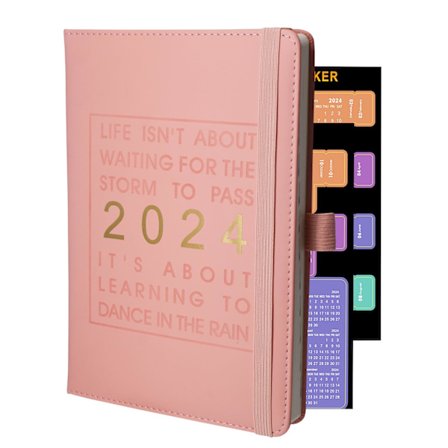2024 Dagbok, Dagbok 2024 A5 Dag till Sida, Agneda VeckoMånadsplanerare med Flikar, Jan-Dec 2024 med Pennhållare, 352 Sidor Rosa