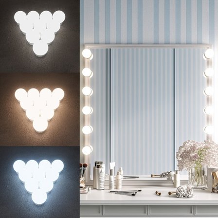 2024 Hollywood Spejl USB Makeup Spejl 10 Pærer 3 Farvetilstande, Berøringsstyring, USB Opladning