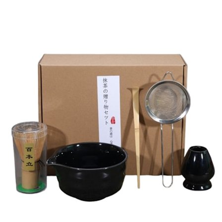 Svart Keramisk Matcha Te-sett med Bolle, Viskpiskholder & Viskpisk, 5-delt Sett [JSR]