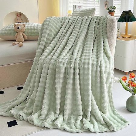 Fleecepledd til sofa, mykt, loddent, varmt og komfortabelt, enkeltlag, 3D-berøringsopplevelse, perfekt for seng, sofa og lenestol (Grønn, 130 x 150