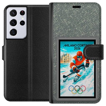 Kompatibel Tegnebogsetui til Samsung Galaxy S21 Ultra 5G Curling illustration med spillere og sten på isen, Milano Cortina 2026, snedækkede stænk o